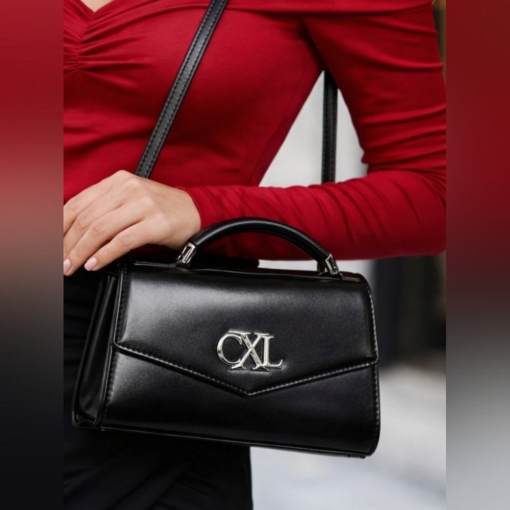 CXL by Christian Lacroix Crossbody Bag Womens Black Laine Matte Patent Purse - Picture 1 of 16